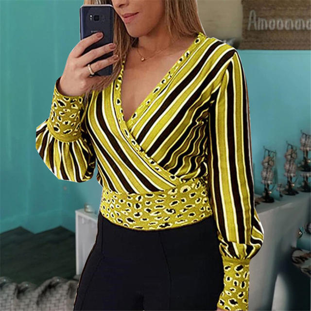 Deep V-Neck Criss-Cross Top for Women Sexy Stripe Print Blouses PQOM9175C