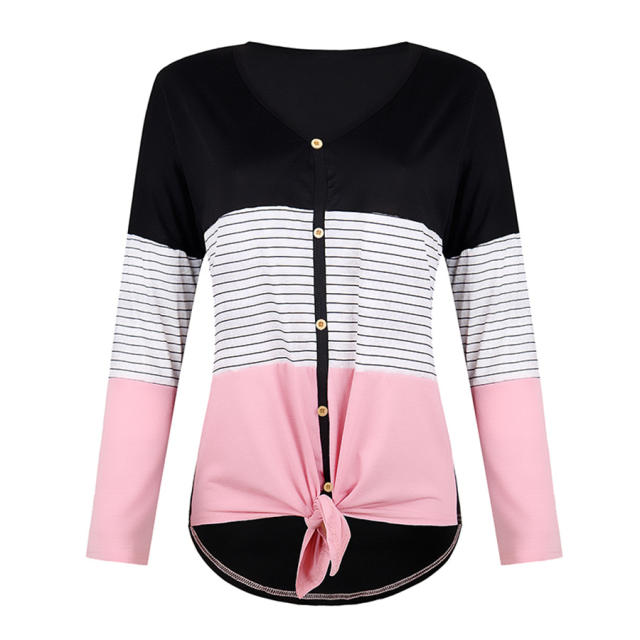 Contrast Color Autumn Shirt Long Sleeve Fall Casual Tops PQOM9167