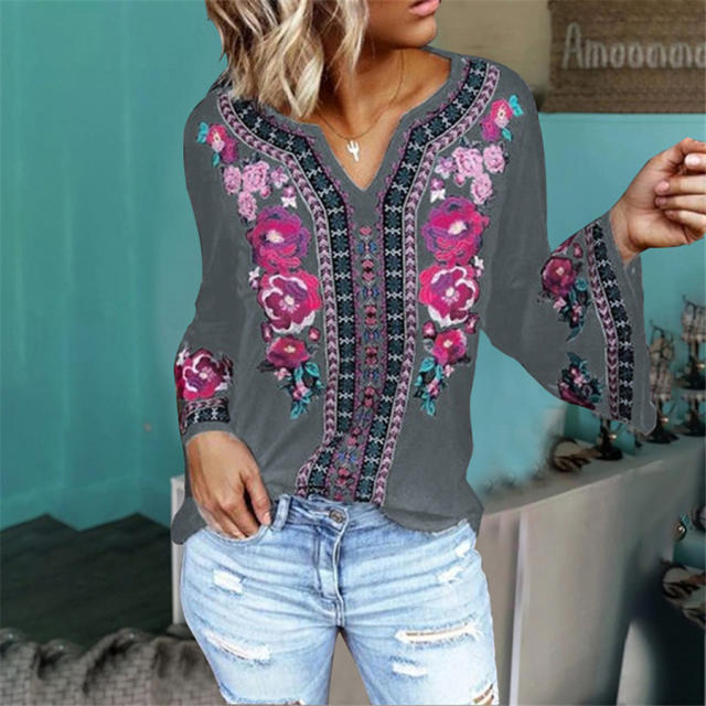 Long Sleeve Floral Printed Tops Loose Vintage T-shirt PQOM9171C