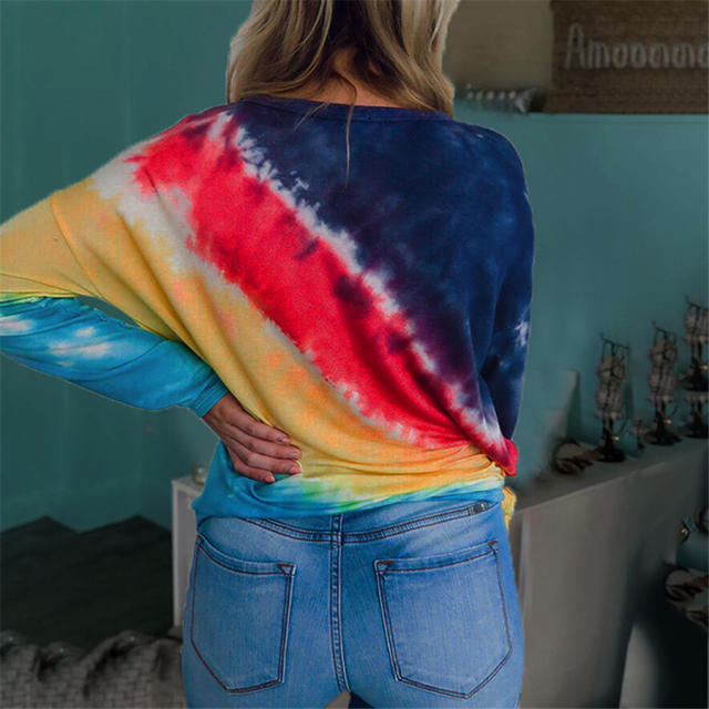 Contrast Color Loose Casual  T-shirt Tie-dye Printing Long-sleeved Tops PQOM9172