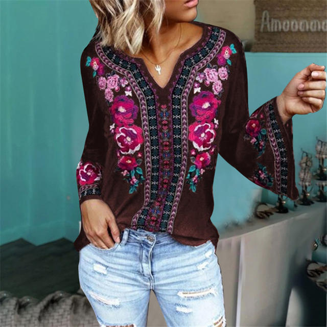 Long Sleeve Floral Printed Tops Loose Vintage T-shirt PQOM9171C
