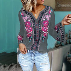 Long Sleeve Floral Printed T-shirt Loose Vintage Tops PQOM9171B