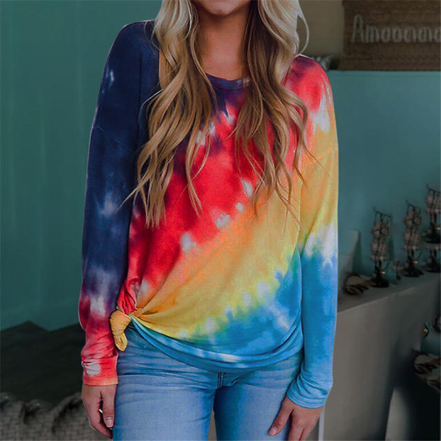 Contrast Color Loose Casual  T-shirt Tie-dye Printing Long-sleeved Tops PQOM9172