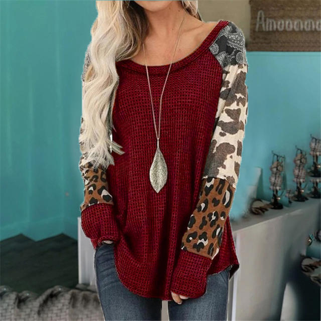 Long-sleeved Autumn Top Leopard Print T-shirt for Women PQOM9170C
