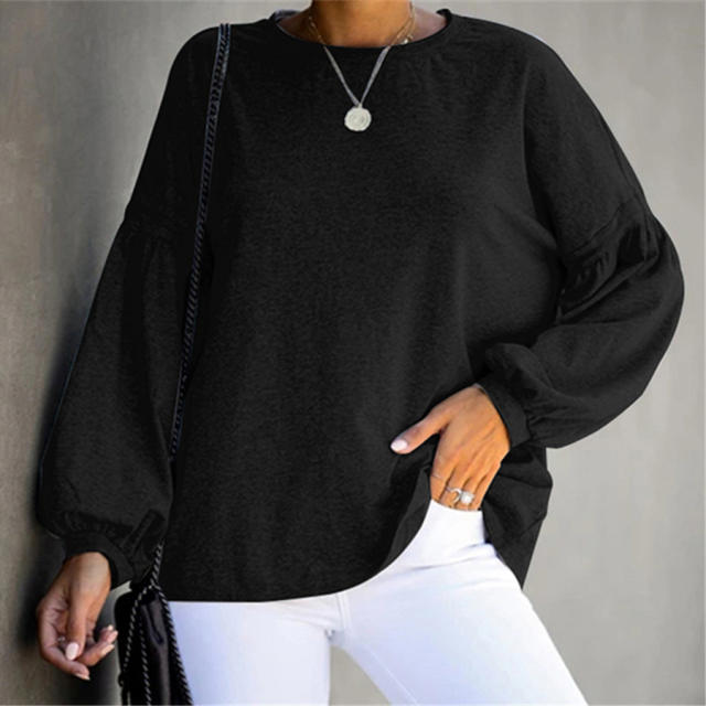 Long Puff Sleeve T-shirt For Women Round Neck Autumn Loose Tops PQOM9119B