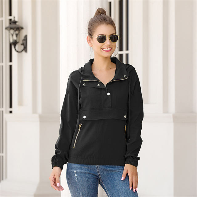 Winter Loose Casual Jacket Autumn Zipper Hooded Tops PQOM9105B