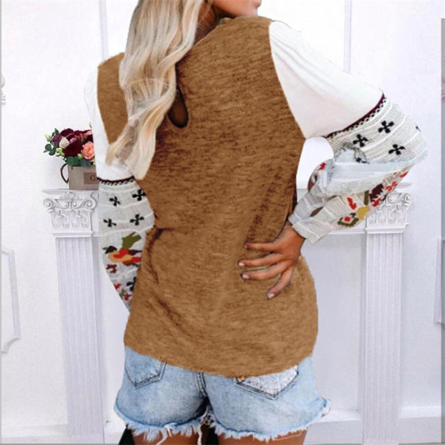 Round Neck Autumn Sweater Winter Long Sleeve Printed Tops PQOM9186C