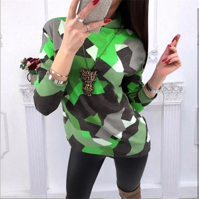 Geometric Print Sweater Long Winter Tops Loose Turtleneck T-shirts PQOM9182B