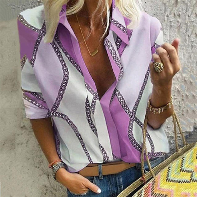 Loose Stand Collar Autumn Shirt For Women Printed Tops PQOM9176A