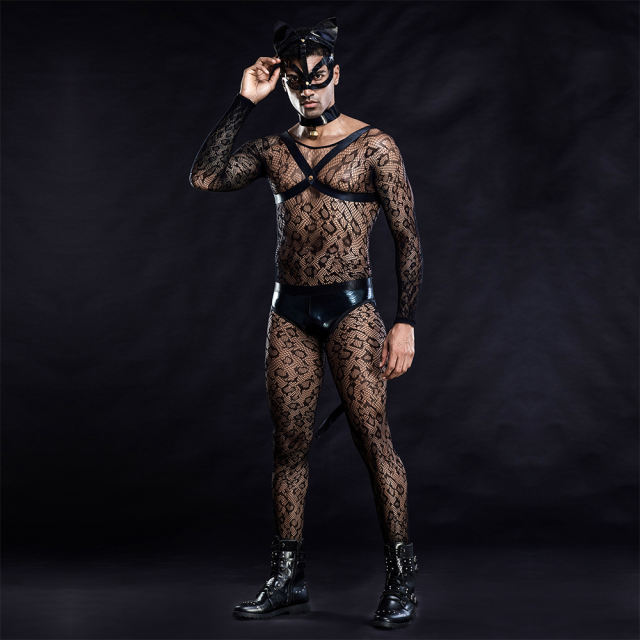 Cosplay Cat Man Costume Sexy Nightclub Mesh Perspective Performance Uniform PQ7219