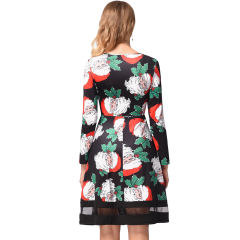 Retro Long Sleeve Slim A-line Midi Dress Christmas Print Vintage Dress PQ1215