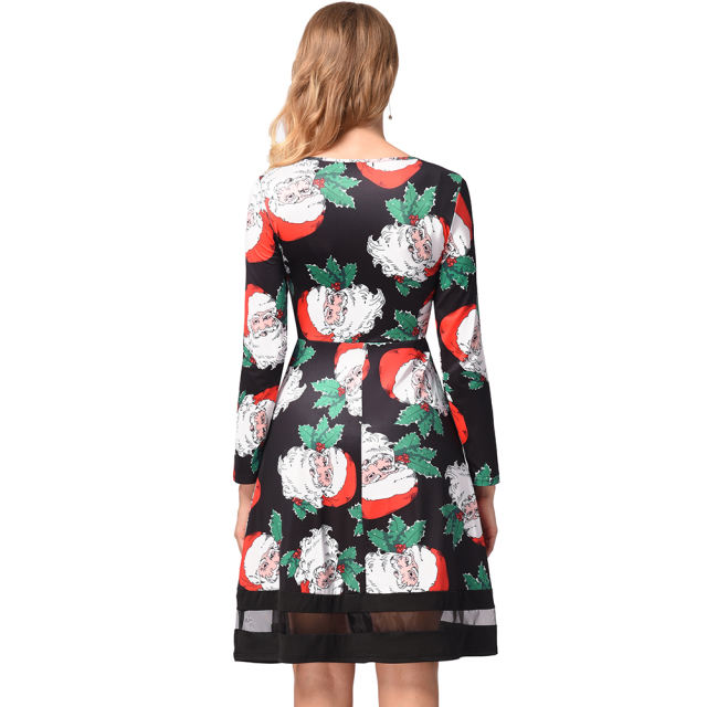 Retro Long Sleeve Slim A-line Midi Dress Christmas Print Vintage Dress PQ1215