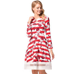 Retro Long Sleeve Slim A-line Midi Dress Christmas Print Vintage Dress PQ1215