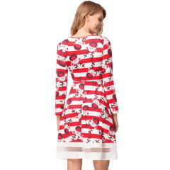 Retro Long Sleeve Slim A-line Midi Dress Christmas Print Vintage Dress PQ1215