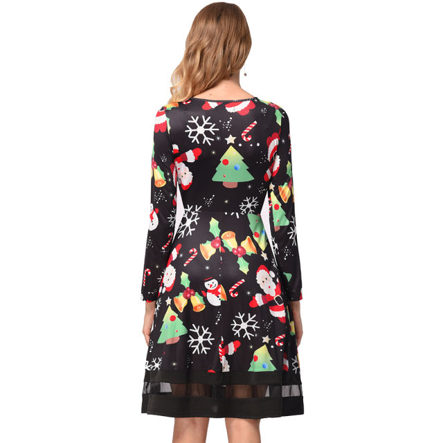 Retro Long Sleeve Slim A-line Midi Dress Christmas Print Vintage Dress PQ1215