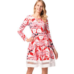 Christmas Print Dress Retro Long Sleeve Round Neck Slim A-line Midi Dress PQ1210
