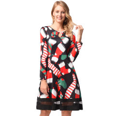 Christmas Print Dress Retro Long Sleeve Round Neck Slim A-line Midi Dress PQ1210