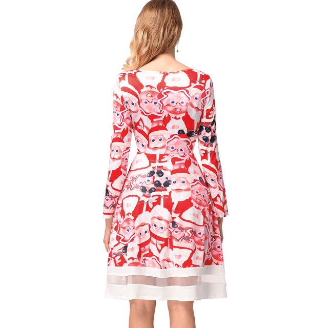 Christmas Print Dress Retro Long Sleeve Round Neck Slim A-line Midi Dress PQ1210