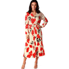 Knitted Long-sleeved Floral Midi Dress V-neck Printed Casual Dresses PQ22885A