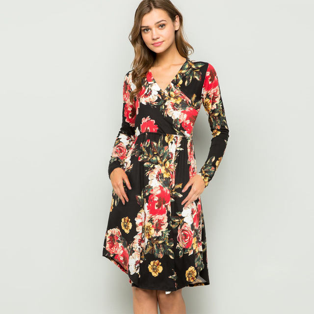 Autumn Fashion Casual Dress V-neck Long Sleeve Printed Midi Dresses PQ22899D