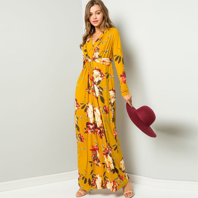 Long Maxi Dresses For Women Long Sleeve V-neck Autumn Floral Dress PQ22900B