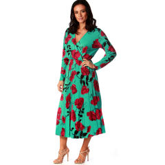 V-neck Printed Casual Dresses Knitted Long-sleeved Floral Midi Dress PQ22885B