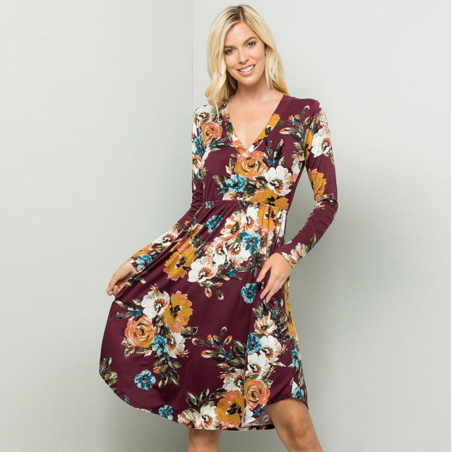 Autumn Fashion Casual Dress V-neck Long Sleeve Printed Midi Dresses PQ22899D