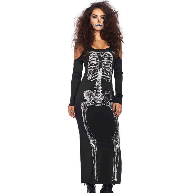 Halloween Costume Skull Print Long Sleeve Adult Carnival Dress PQ22855