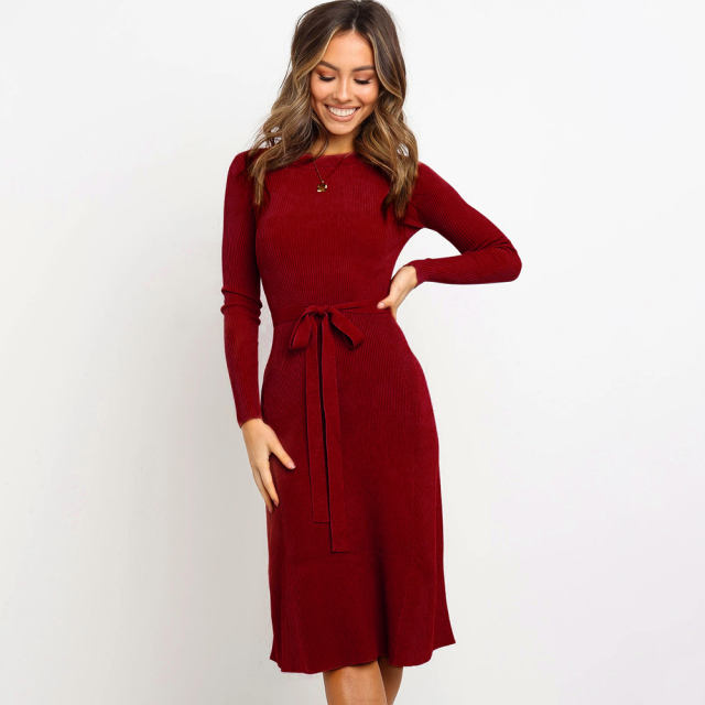 Tie Pure Color Long Sleeve Casual Dress Autumn Fashion Slim Midi Dresses PQ22859B