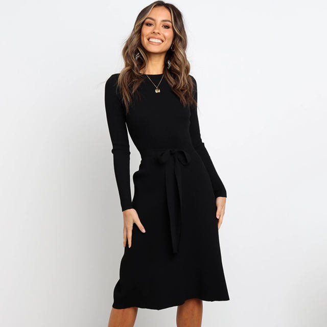 Tie Pure Color Long Sleeve Casual Dress Autumn Fashion Slim Midi Dresses PQ22859B