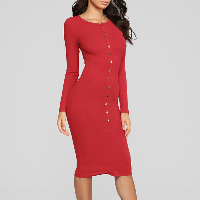 Autumn Long-sleeved Sweaters Winter Dress Sexy Ribbed Knitted Dress PQ22905A