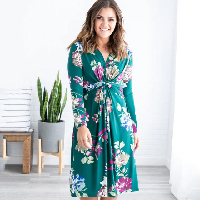 Drap Loose Midi Dress Fashion Long Sleeve Printed Floral Dress PQ22887B