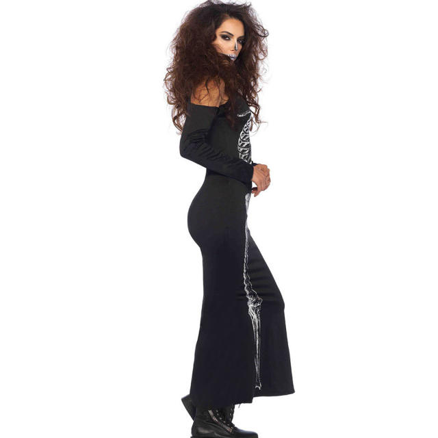 Halloween Costume Skull Print Long Sleeve Adult Carnival Dress PQ22855