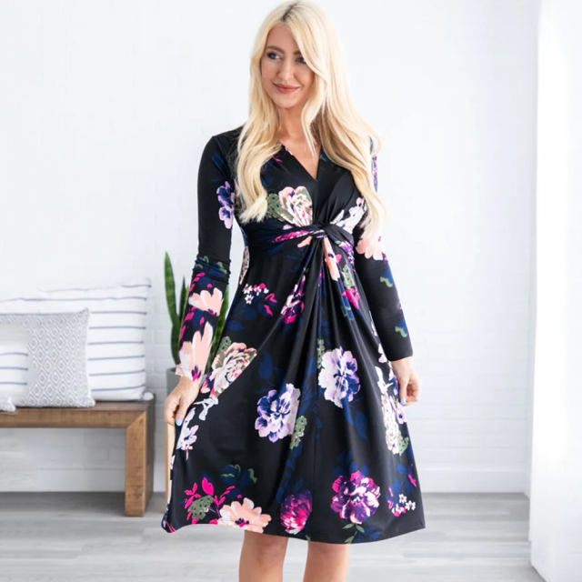 Drap Loose Midi Dress Fashion Long Sleeve Printed Floral Dress PQ22887B