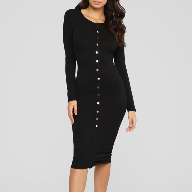 Winter Dress Sexy Ribbed Knitted Dress Autumn Long-sleeved Sweaters PQ22905B