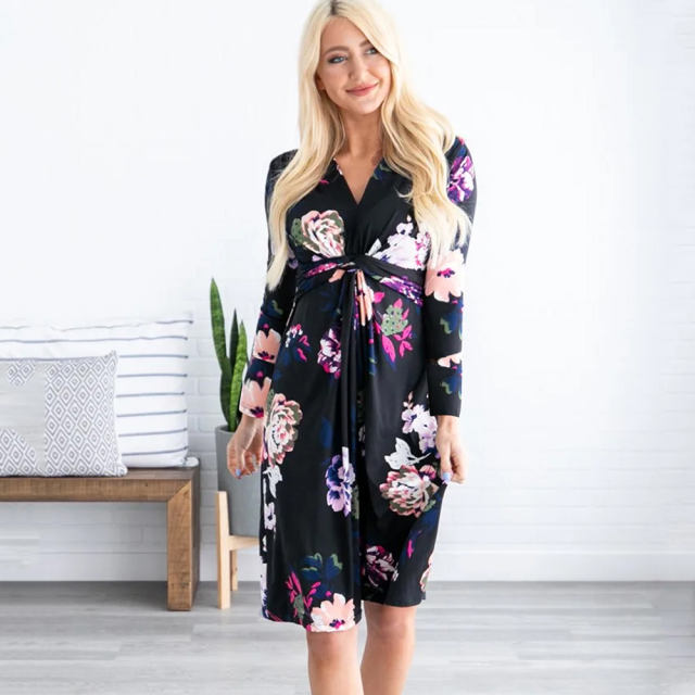 Drap Loose Midi Dress Fashion Long Sleeve Printed Floral Dress PQ22887B