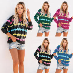 Tie-dye Loose Sweatshirt Autumn Casual Tops Heartbeat Print Hooded Sweater PQLQ020D