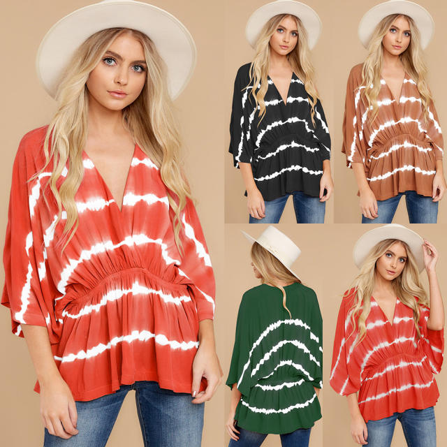 Women Summer Casual T-shirt Spring Bat Sleeve Tie-Dyed Tops PQLQ022B