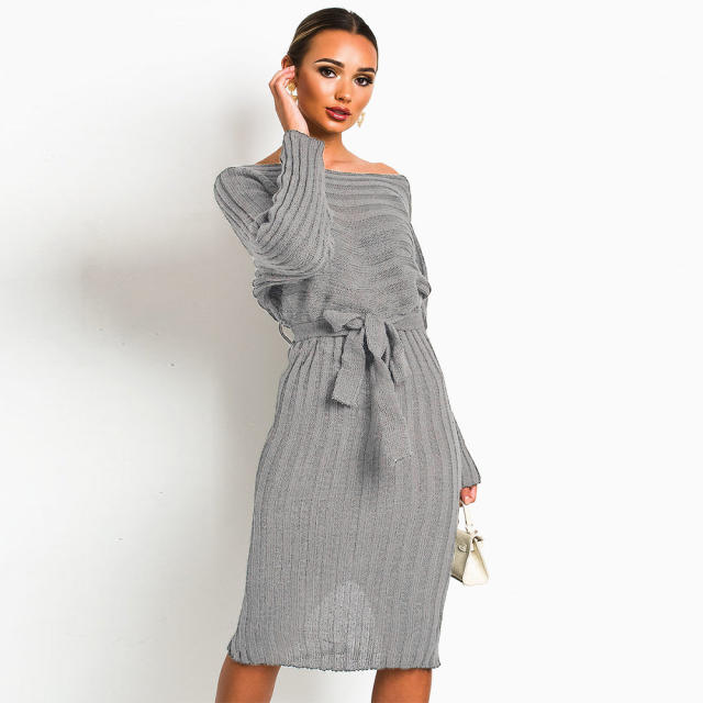 Winter Women Knitted Sweater Dress Mid-length Pullover Midi Dress PQ2005A