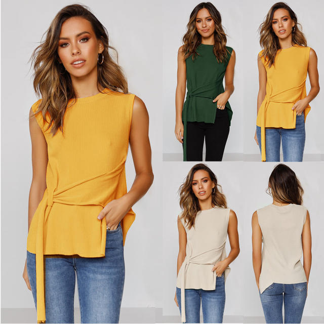 Striped Casual Shirts Summer Round Neck Sleeveless T-shirt PQLQ001B