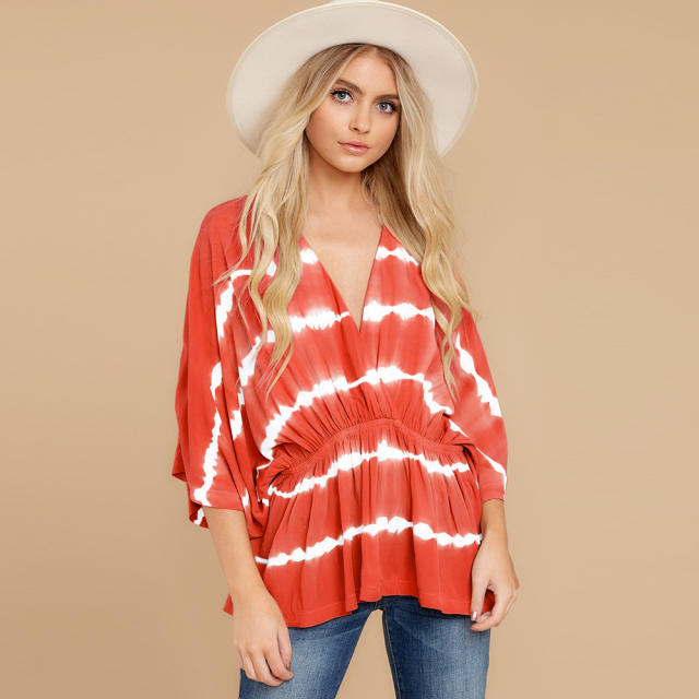 Spring Bat Sleeve Tie-Dyed Tops Women Summer Casual T-shirt PQLQ022A