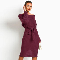 Winter Women Knitted Sweater Dress Mid-length Pullover Midi Dress PQ2005A