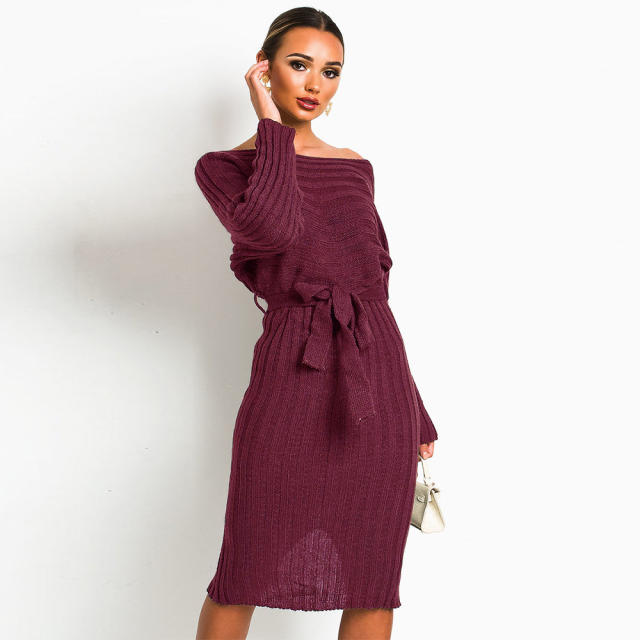Winter Women Knitted Sweater Dress Mid-length Pullover Midi Dress PQ2005A