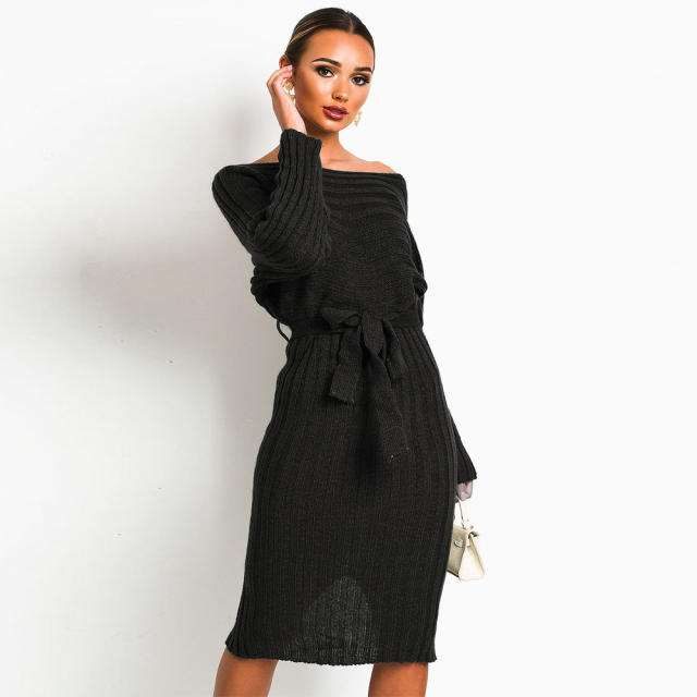 Winter Women Knitted Sweater Dress Mid-length Pullover Midi Dress PQ2005A
