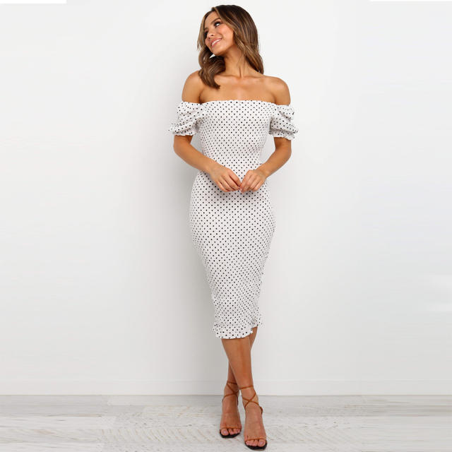Sexy Strapless Puff Sleeve Midi dresses Polka Dot Dress For Women PQH2122B