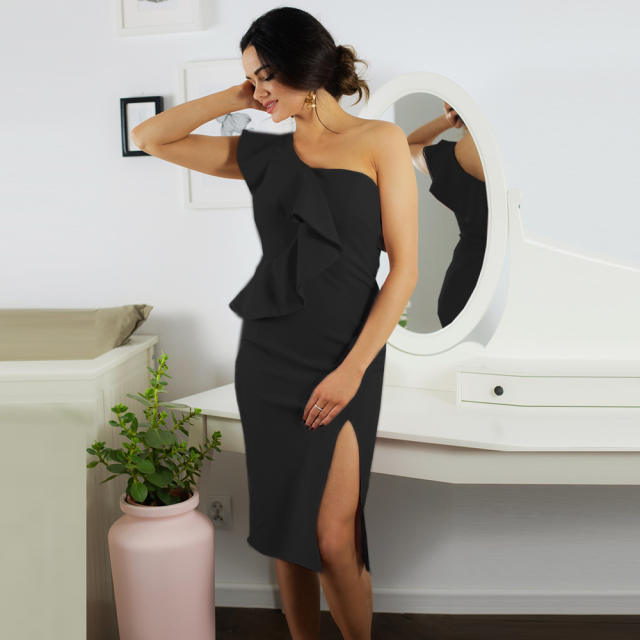 Women Sexy Midi Dresses Asymmetrical One-shoulder Split Bodycon Dress PQLQ008A