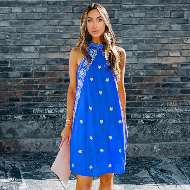 Retro Floral Print Dress Halter Backless Street Wear Women Summer Dresses PQLQ021D