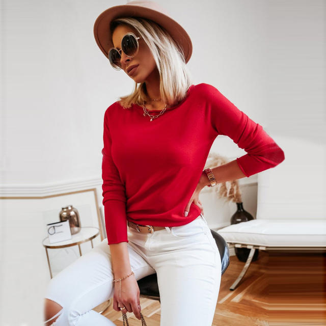 Slim Long Sleeve Knit Tops Fall/Winter High Stretch Wool Fleece Sweater PQLQ088C