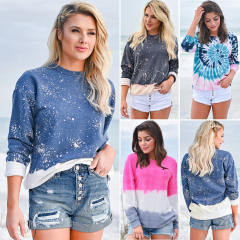 Women Loose Sweater Tie-dye Print T-shirt Autumn Long Sleeve Tops PQLQ039B