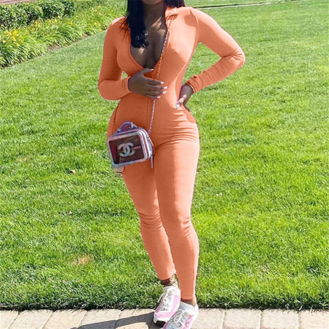 Fashion Street Wear Solid Color Tracksuit Pit Striped Ribbed Jumpsuit PQ6115G